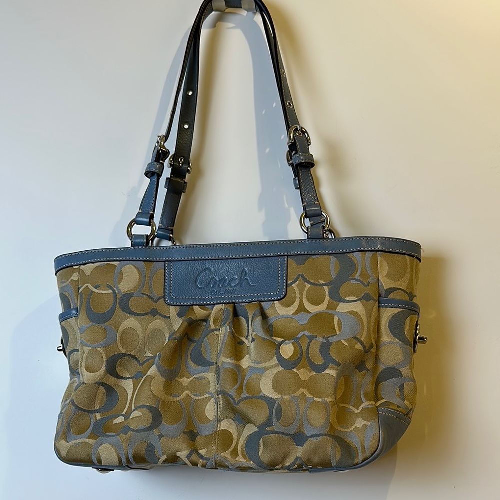 Authentic Coach Tan and Gray Shoulder Bag with Signature Monogram